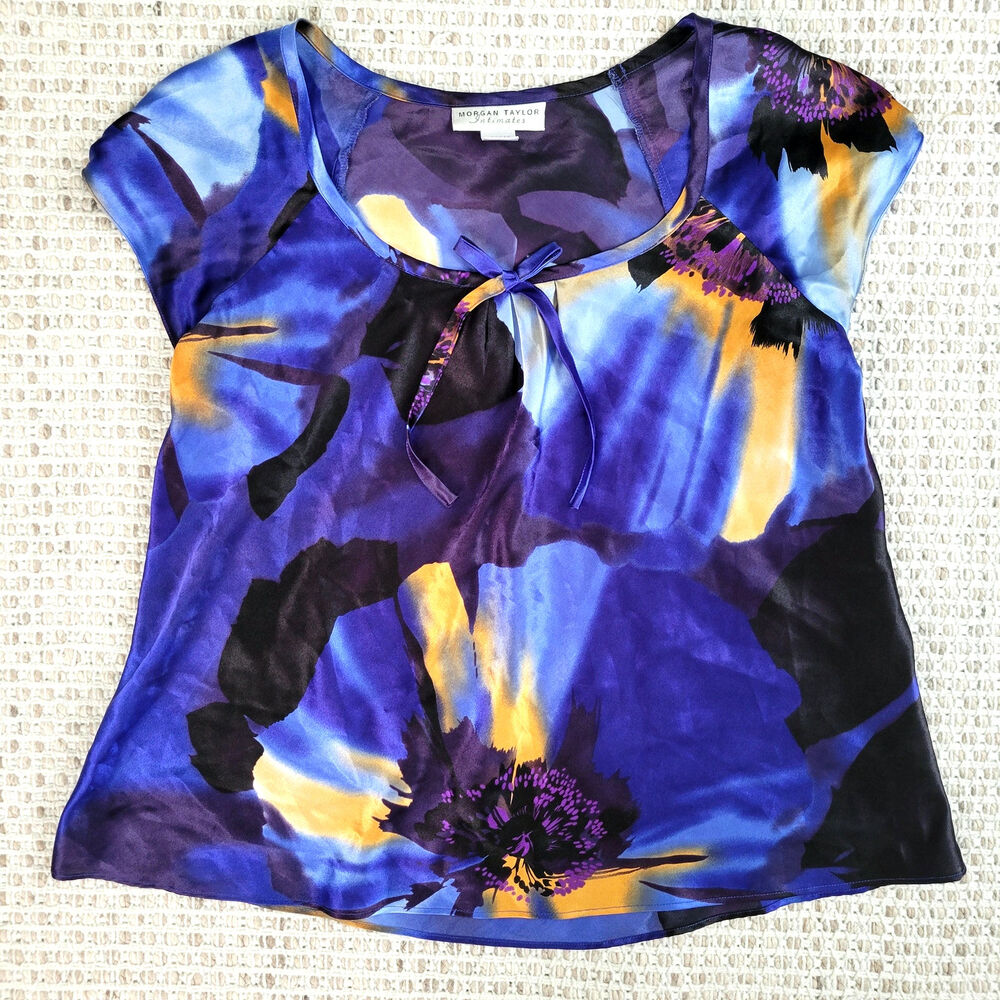 Morgan Taylor Womens Small Blue Satin Short Sleeve Top Bowtie Scoop Neck Floral